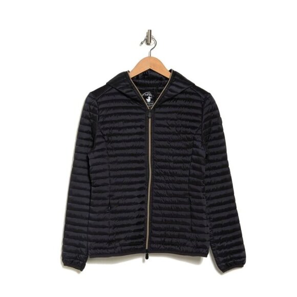 Save The Duck Womens Black Hooded Water Resistant Shiny Puffer Jacket Sz L New - Picture 14 of 15